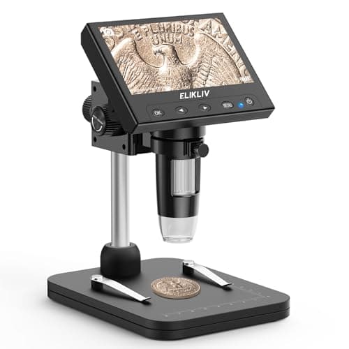 Elikliv Microscópio de moeda, microscópio digital LCD de 10 cm 1000 x, lupa de moedas com 8 luzes LED ajustáveis, visualização de PC compatível com Windows/Mac, EDM4B, preto