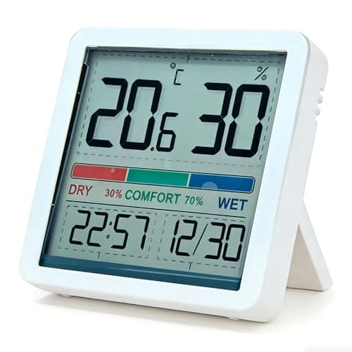 Termômetro e Higrômetro para Ambientes Internos - Monitor Digital de Temperatura e Umidade de Mesa, Medidor Preciso de Ambiente com Relógio e Calibração (Branco)