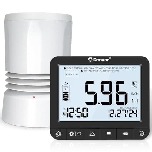 Geevon Pluviômetro Digital Externo, Coletor De Chuva Com Esvaziamento Automático E Alertas, Ícone Aviso Bateria Fraca, Histórico Data Hora Atuais, Adequado Para Jardins, Terras Agrícolas Outros Cená