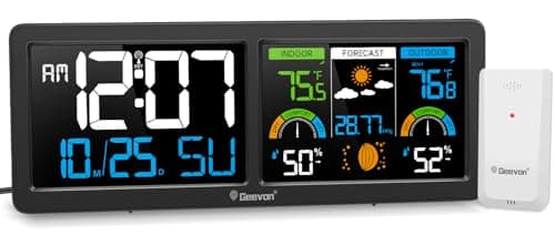 Geevon Estação Meteorológica Sem Fio com Termômetro Interno E Externo, Relógio Atômico, Monitor Digital Temperatura E Umidade com Tela Colorida Hd, Barômetro, Indicador Conforto E Luz Fundo Ajustável
