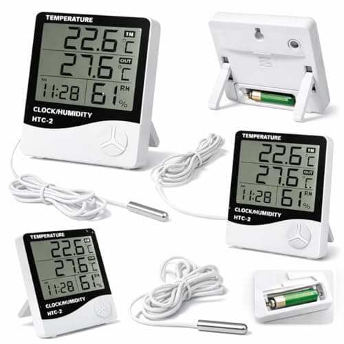 Termômetro Digital HTC-2 com Sensor Externo Higrômetro Interno e Externo Medidor de Umidade Relógio Digital Memória Máx/Mín para Casa Estufa e Adega