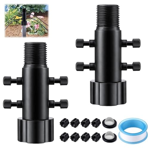 Gulfmew Pacote com 2 coletores de irrigação por gotejamento de 4 portas com filtro, adaptador de elevação de irrigação por gotejamento, coletor de irrigação para sistemas de jardinagem, rosca de tubo