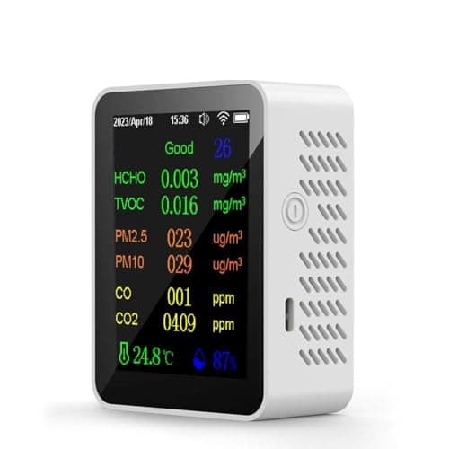 Snsowed Medidor de qualidade do ar portátil 9 em 1 PM2,5 PM10 CO CO2 TVOC HCHO Testador de temperatura e umidade Tela colorida Detector de dióxido de carbono com função de exibição de data e hora