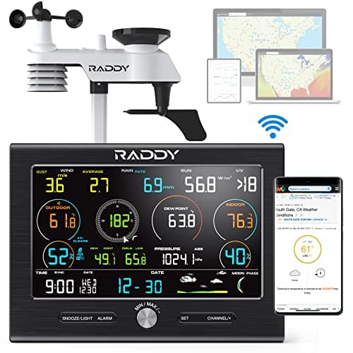 Radioddity Estação Meteorológica Profissional Raddy L7 Lora com Alcance de 3 Km, Sem Fio Wi-Fi, para Uso Interno E Externo, com Pluviômetro, Anemômetro, Termômetro E Hidrômetro, Ideal para Quintal