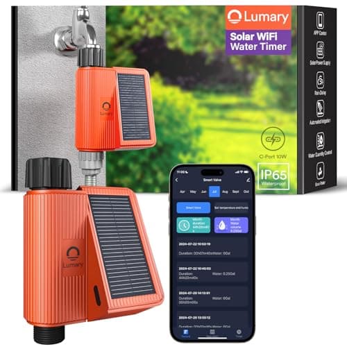Lumary Temporizador de irrigação solar WiFi com monitor de fluxo, temporizador de água inteligente para mangueira de jardim, controle remoto com aplicativo/Alexa via 2,4 GHz, controlador de irrigação
