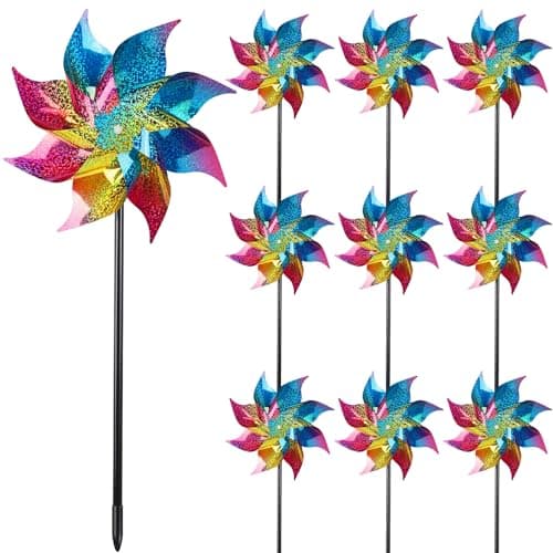 Hausse Conjunto de 10 Cata-Ventos Refletivos, Cata-Vento Arco-Íris Extra Brilhante com Estacas, Repelente de Pássaros, Dispositivo para Espantar Pássaros do Quintal, Pátio, Fazenda, Jardim, Colorido