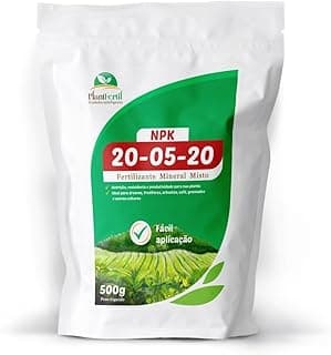 Saco de fertilizante PlantFertil NPK 20-05-20 500g branco com detalhes verdes e vermelhos.