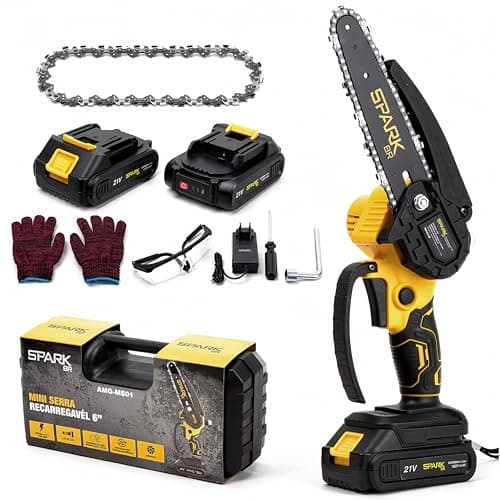 Mini Motosserra Elétrica SparkBR 6" Recarregável 21V 2 Baterias Maleta Corrente Extra Lubrificação LEDIndicador Trava Segurança Acessórios