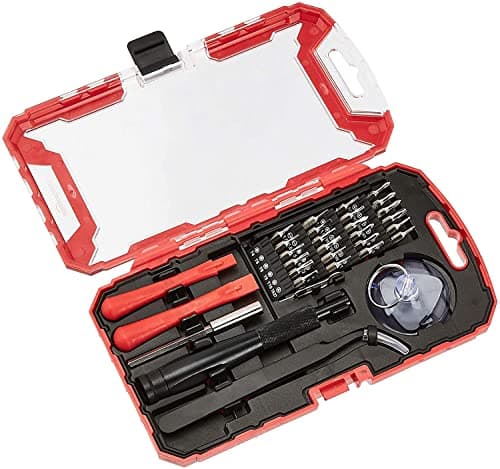 Amazon Basics Conjunto de chaves de fenda eletrônicas, kit de ferramentas de 32 peças para reparo e manutenção, vermelho