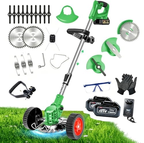 Aparador de Grama Elétrico Sem Fio 21V, Roçadeira Recarregável com Rodas, Kit Completo com 2 Baterias e 3 Tipos de Lâminas para Jardim e Gramados