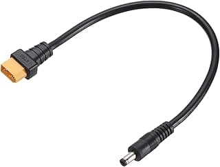 Cabo adaptador XT60 preto com conector XT60 macho dourado e conector DC5521 macho