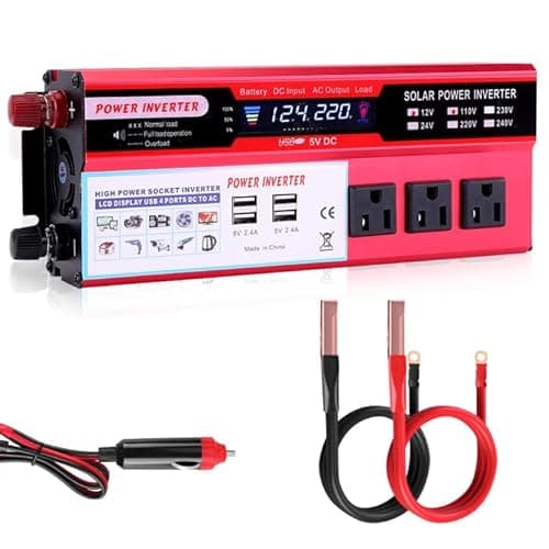 Loddery Inversor De Energia Solar De 2000 Watts, Conversor De Energia Solar De 12V Cc Para 110V-120V Ca Com 3 Tomadas Ca, 2 Portas De Carregamento Usb E Display Lcd Para Sistemas De Energia Solar