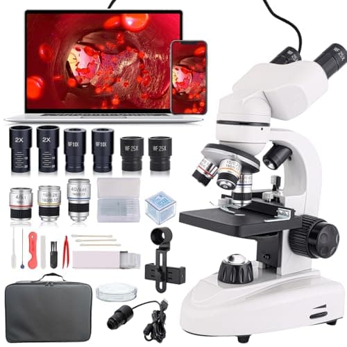 Microscópio composto binocular 40X-2000X, microscópio profissional de nível de pesquisa com estágios mecânicos duplos e botões coaxiais de foco grosso/fino, oculares eletrônicos embutidos, microscópio