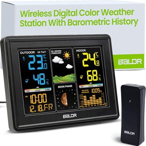 Baldr Estação Meteorológica Digital Sem Fio - Termômetro Interno E Externo com Sensor Remoto, Despertador Atômico, Exibição de Fases da Lua E Histórico Barométrico, Relógio Meteorológico
