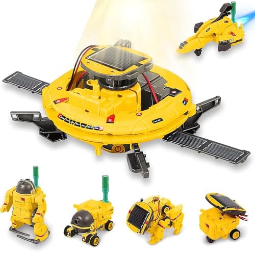 Kit robótico de energia solar em seis formas - nave espacial, robô, astronauta, rover lunar, veículo terrestre e drone - amarelo