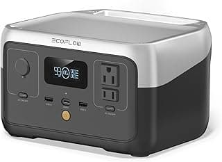 Estação de energia portátil EF ECOFLOW RIVER 2, cinza e preto, com display digital e múltiplas tomadas e portas de carregamento