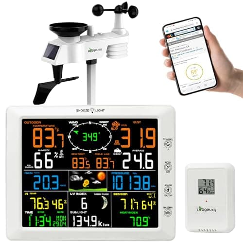 Urageuxy Estação Meteorológica Wi-Fi, Estações Meteorológicas Sem Fio Interno Externo com Display Colorido, Estação Meteorológica Sem Fio com Pluviômetro, Anemômetro, Sensor Ultravioleta e Externo