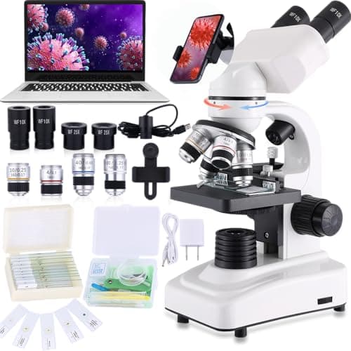 Herwicm Microscópio composto, oculares 40 x 2500X, WF10x e WF25x, iluminação LED dupla, estágio mecânico de camada dupla, liga metálica e vidro de grau óptico, microscópio binocular 02