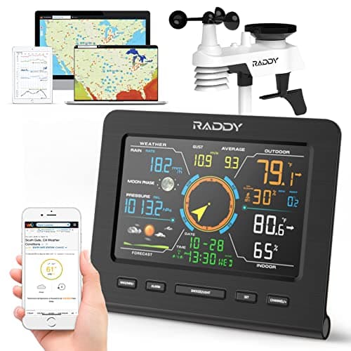 Raddy Estação Meteorológica Sem Fio Wf-100C Lite para Ambientes Internos E Externos com Temperatura, Pressão Barométrica, Umidade, Anemômetro, Pluviômetro, Previsão do Tempo, Fases da Lua
