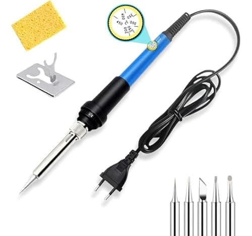 Kit Ferro de Solda Profissional 60W Ajustável 110/220V, Estação de Solda Completa com 6 Pontas, Suporte, Esponja, Estanho e Fluxo para Eletrônica, Reparos e DIY (220.0, Volts)