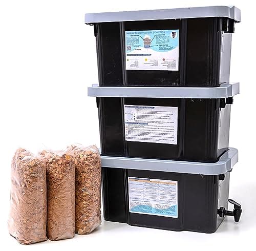 Composteira doméstica 45L com três recipientes e material orgânico