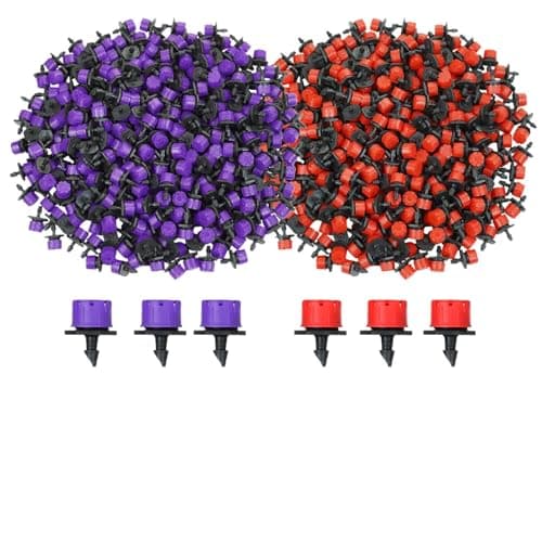 Trailabo Kit 500 Bicos Gotejadores para Irrigação, Fluxo 360° Ajustável, Para Mangueiras 4mm, Gotejamento, Hortas, Jardim, Vasos, Mangueira Gotejadora, Vermelho e Roxo