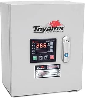 Painel ATS Toyama ATS-M9D branco para geradores TDG7500 e TDG8500, tela digital, botão de controle e etiqueta informativa.