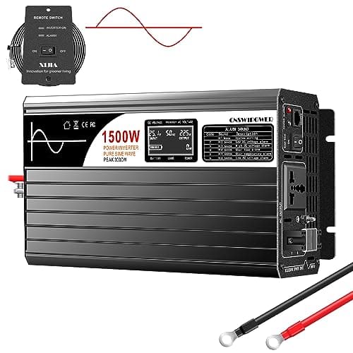 XIJIA Inversor de Onda Senoidal Pura 1500W (Pico 3000W) DC 12V para AC 110V/127V 60Hz Conversor de Energia com Tela LCD e Controle Remoto 5m para Sistema Solar, Motorhome, Caminhão e Camping