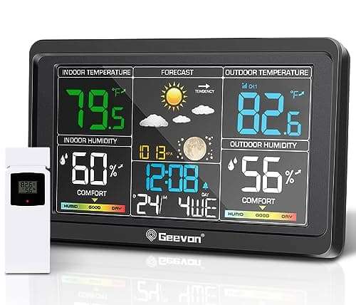 Geevon Estação Meteorológica Sem Fio com Termômetro para Ambientes Internos E Externos, Visor Colorido, Monitor de Temperatura E Umidade com Barômetro, Calendário E Luz de Fundo Ajustável