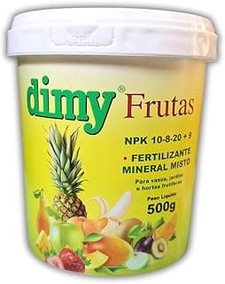 Fertilizante Dimy Frutas NPK 10-08-20 + 9, 500g, para plantas frutíferas, lata com tampa branca e ilustração de frutas.