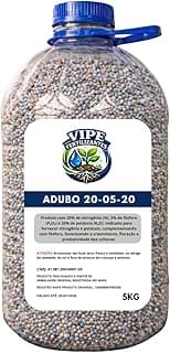 Adubo NPK 20-05-20 fertilizante agrícola em pote de 5kg, grânulos cinza, fundo branco, rótulo azul e branco