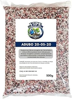 Adubo VIPE Fertilizantes 20-05-20 500g com grânulos vermelhos, brancos e pretos