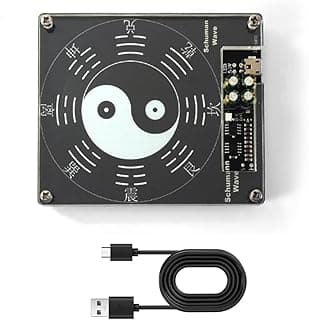 Gerador de ondas Schumann com cabo USB, design circular preto, símbolo yin-yang, texto em chinês, componentes eletrônicos e texto 'Schumann Wave'.