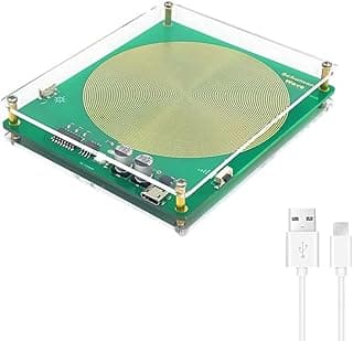 Gerador de ondas Schumann 7,83 Hz com placa verde e círculo amarelo, cabo USB branco incluído.