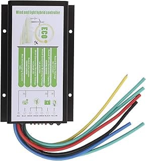 Controlador híbrido de carga eólica e solar, com fios multicoloridos e placa informativa.